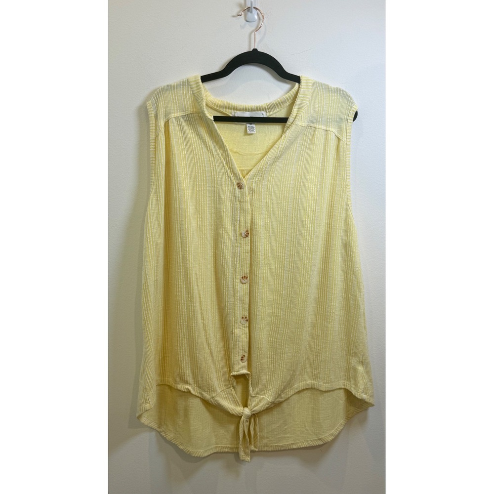 French Laundry Yellow White Striped Tie Front Sleeveless Button Top 3X